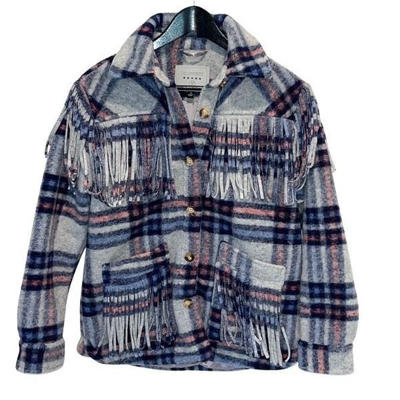 Blank NYC Womens Plaid Long‎ Sleeve Fringe Button Front Shirt Jacket Blue Small - Picture 2 of 11
